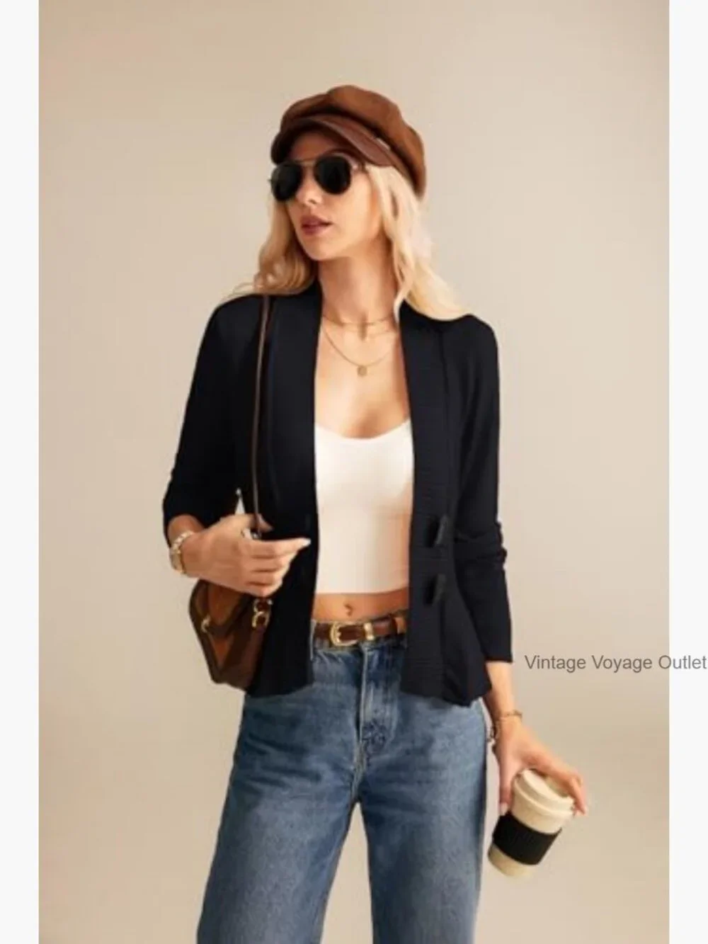 Cropped Peplum Cardigan Sweater, Long Sleeve Button Front, Lightweight Knit - Picture 4 of 7